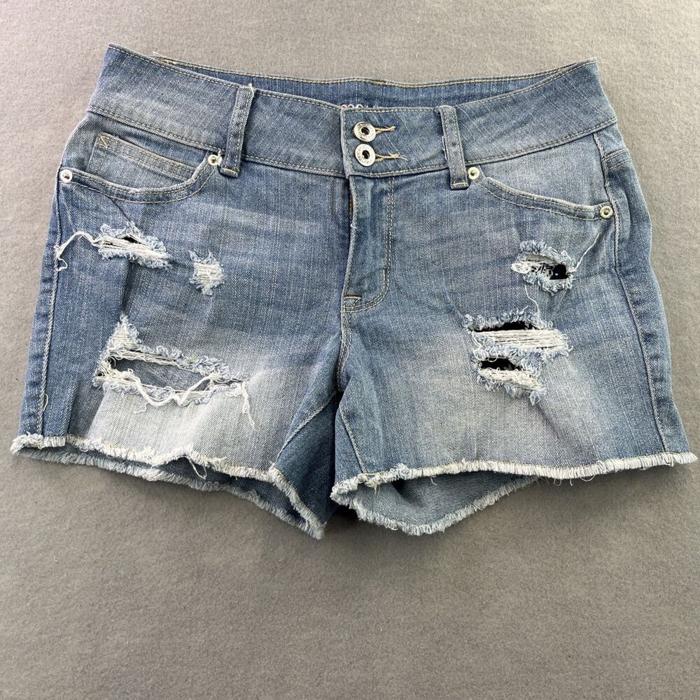Maurices Shorts Womens 4 Blue Distressed Cut Off Raw Hem Mid Rise Stretch Denim